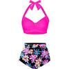 Holipick Bikini da Donna a Vita Alta, Costume da Bagno a Due Pezzi con Controllo della Pancia, Costume da Bagno Vintage con Scollo all'Americana, Rosa Floreale, M