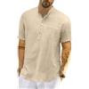 LVCBL Henley Camicia Uomo Casual Cotone Lino Manica Corta Estiva Leggera Banded Collo Spiaggia Top M-3XL, Kaki, 3XL