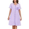 Lovasy Camicia da Notte in Cotone Donna Camicia da Notte Manica Corta a Righe Scollo a V Sexy Sottoveste Curvy con Bottoni Davanti Abito da Notte Estiva con Tasche,A-Viola Chiaro/Bianco,L