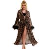 sunshinelady Vestaglia Lunga da Donna Sexy Leopardo Maniche con Piume Kimono Accappatoio Lingerie Camicia da Notte Morbido Leggero con Cintura Chiffon Taglie Forti XXL