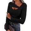 VAFFUL Maglietta sexy da donna, scollo asimmetrico, a maniche lunghe, elegante, slim fit, elasticizzata, casual