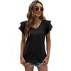 QKEPCY T Shirt Donna Estive Sbuffo Maniche Corte con Scollo a V e Balze Manica Corta Magliette Donna Elegante Rilassato Bluse e Camicie da Donna (Nero L)