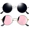 Joopin Occhiali da Sole Polarizzati Rotondi Uomo Donna Protezione UV400 Retro Vintage Piccoli Tondi Occhiali 2 Paia (Nero Argento e Specchio Rosa)