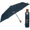 PERLETTI Ombrello Pieghevole Uomo Tessuto Riciclato - Ombrello Antivento Pioggia Automatico Ecologico Resistente Viaggio - Ombrello Mini Portatile con Manico in Legno - Diametro 96 cm (Blu)