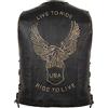 MDM Gilet biker in vera pelle per uomo, Motivo aquila LIVE TO RIDE, Gilet moto in pelle di vacchetta con lacci regolabili e chiusura a 3 fibbie