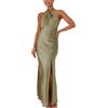 cffvdiz Verde,M, Senza Maniche in Raso di Seta Maxi Abiti Sexy Appeso Collo Cravatta Alta Split Abiti da Sposa