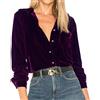 R.Vivimos Womens Tops Camicette Sexy Manica Lunga Collo A V Button Down Camicie Velluto(L,Purple)
