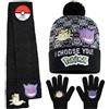 Pokémon Set Invernale Bambino 2 Pz con Cappello e Guanti o 3 con Cappello Guanti Invernali e Sciarpa, Pikachu Regalo Bambini (4-12 Anni, Nero/Multi, 3 Pcs)