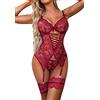 Evelife Set di lingerie sexy da donna in pizzo con polsini alla coscia, biancheria intima, babydoll con giarrettiera alla coscia senza calze, Rosso vinaccia, XXL