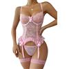 Aranmei Set di Lingerie da Donna Sexy Body in Pizzo con Calze Giarrettiera in Pizzo Floreale Lingerie Intimo Abiti Teddy Babydoll con Coscia Alto (Rosa,M)
