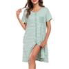 Lovasy Camicia da Notte in Cotone Donna Camicia da Notte Manica Corta a Righe Scollo a V Sexy Sottoveste Curvy con Bottoni Davanti Abito da Notte Estiva con Tasche A Verde Chiaro L