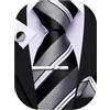 Barry.Wang Cravatta a righe/plaid con fermacravatta da uomo in seta fazzoletto da taschino quadrato gemelli set formale business festa di nozze, nero, bianco, grigio., Taglia unica
