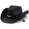 Plancholo Cappello da cowboy in paglia, cappello da spiaggia, cappello da sole a tesa larga Panama Fedora Cappello di paglia per l'estate all'aperto per uomo donna, Nero , Taglia unica