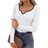 Aseniza Maglietta Donna Manica Lunga T-Shirt Maglia Cotone Basic Top Slim Fit Elegant con Scollo a V Costine Elasticizzato Tinta Unita Casual Bianco M
