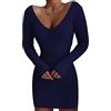 Onsoyours Vestiti Donna Invernali Moda Tinta Unita Abito in Maglia Collo V Aderente con Manica Lunga Vestito Maglione Elasticizzato Casual A Blu Navy XL