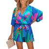 CUPSHE Tuta da donna con scollo a V, con lacci, stampa leopardata, maniche corte e larghe, casual, Motivo blu., M