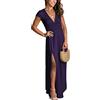shownicer Vestiti da Donna Elegante Vestito Lungo con Spacco Laterale Vestiti Tinta Unita Manica Corta Scollo a V Profondo Maxi Abito da Sera Festa Cocktail A Viola S