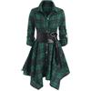Generic Abito da donna a quadretti, a maniche lunghe, con scollo a bottoni, con cintura, abito corto a maniche arrotolate, verde, L