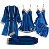 Generisch Camicia da notte da donna, abito da notte, pigiama, top, fiori dorati, cinque pezzi, pigiama sottile, Blu, XL