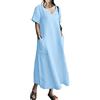 Onsoyours Abito Lungo Estivo da Donna in Cotone e Lino Caftano Allentato a Maniche Corte Abito Casual Spiaggia Tinta Unita Scollo V Maxi Abito Largo con Tasche Vestito da Cocktail A Blu S