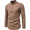 YAOTT Camicia da Uomo Camicie da Lavoro Basic a Maniche Lunghe Camicia in Cotone Lino con Collo alla Coreana Tinta Unita Camicie Casual Slim Fit Elegante Bussiness Henley Shirt Abbottonata Marrone S