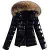 Generisch, Giacca da donna invernale corta trapuntata con collo di pelliccia e cappuccio in pelliccia, calda, invernale, elegante, parka, imbottitura in pile, taglia grande, O nero., XL