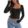 Rongseng Donna Maglietta a Maniche Lunghe Y2k Crop Top Sexy Slim T Shirt con Scollo Quadrato Camicette Eleganti Morbido Elastico Cropped Tops Carini Pullover Moda Casual Club Streetwear