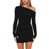Wenrine - Abito da Donna Sexy, Senza Spalline, a Maniche Lunghe, Mini Abito da Festa, con Volant, Bodycon, da invitata a Matrimonio, Abito da Cocktail, Nero, L