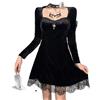 OKGD E-girl Grunge Gotico Nero Mini Abito Pizzo Trim Vita Alta Vestito Aderente Y2K Donne Anni '90 Vintage Punk Harajuku Lolita Vestiti-Nero, L