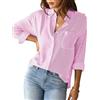 SHEKINI Donna Casual V-Colletto Lunghe Manicotto Camicia a Righe Vintage Classica Camicetta Tasche sul Petto Lavoro Eleganti Ufficio Tasca Blusa