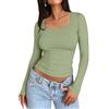 Placitiume Camicie da donna a maniche lunghe con scollo quadrato, magliette slim fit in maglia a costine, casual basic autunno moda top, Verde chiaro, XS