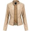 Foweknow Giacca in pelle da donna, corta, in ecopelle, con chiusura lampo, per autunno e inverno, a maniche lunghe, effetto pelle, tinta unita, colletto alto, da motociclista, beige., M