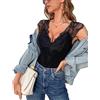Aranmei Body da donna Sexy pizzo Body manica donna Sexy body top con chiusura a pressione uscita top casual, Nero, S