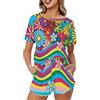 SEVEBJ Pj Set da donna a maniche corte con pantaloncini pigiama morbido estivo 2 pezzi taglia S-5XL, Fiori Hippie Strisce Arcobaleno, XL