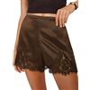 YILEEGOO Boxer da donna in raso di seta Y2k con finiture in pizzo, micro mini pantaloncini pigiama, mutandine a vita bassa, lounge slip, pantaloni PJ, Marrone scuro, S