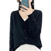 OWEIEYEU Cardigan da donna in lana merino tinta unita con scollo a V a maniche lunghe in tinta unita morbido caldo top in maglia base, Nero , XXL