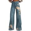 Generisch Baggy Jeans da donna anni '70, pantaloni Boho anni '60, hippie, fiori a vita alta, abbigliamento da discoteca, costume da discoteca, jeans da donna, gamba dritta, pantaloni elasticizzati a vita alta