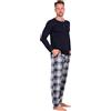 HEYO Pigiama lungo da uomo, in cotone, set da due pezzi, maglietta a maniche lunghe, pantaloni lunghi a scacchi, Blu scuro Hpm010, L