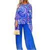 Generic Donna Colorata Pittura a Olio Chiffon 2 Pezzi Set Elegante Matrimonio Ospite Gamba Larga Pantsuit Cocktail Party Abiti (Blu,Grande)