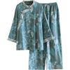 PRINCESS BRIDE Pigiama da donna in cotone a maniche lunghe con pantaloni cinesi a forma di rana con bottone tradizionale Hanfu Pjs pigiameria, Blu lago, XXL