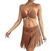 Generisch Bikini da donna, costume da bagno a mano, set da due pezzi, top bikini con frange patchwork e gonna, marrone, Taglia unica