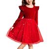 Arshiner Abito in Velluto per Ragazze Abito in Tulle Abiti da Festa per Bambini Girocollo Abito Casual Abito a Maniche Lunghe Abito Rosso di Natale Abito da Ballo Bambini Glitter 4-5 Anni