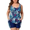 Halcurt Tankini - Costume da bagno da donna di grandi dimensioni, con reggiseno, 2 pezzi, tankini, top con pantaloncini da bagno, 1X-4X, Blu navy/foglie, 3XL plus