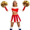 Generisch Costume da carnevale da donna con paillettes da cheerleader, con maniche lunghe, scollo rotondo, crop top elastico in vita, minigonna e pompon, 3 pezzi, per spettacoli sul palcoscenico