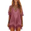 acsewater Mini Abito da Spiaggia Ampio a Maniche Corte da Donna Copricostume da Bagno Boho Etnico Scollo a V Profondo con Frange Rosa