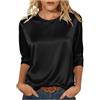 Generic Top con maniche a 3/4 da donna UK raso girocollo camicette da donna in seta casual eleganti camicie lucide lisce t-shirt basic autunno inverno tinta unita tunica top ufficio lavoro pullover, Nero