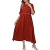 Generic Abito da donna in misto lino con ricami - Abito midi dal taglio ampio in linea ad A, con scollo rotondo e maniche corte in pizzo per l'estate (stile casuale), Colore: rosso, M
