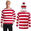 Seaehey Maglietta a maniche lunghe a righe rosse e bianche a righe camicia a righe Felpa con occhiali e berretto Cosplay Costume Halloween Party Dress per adulti