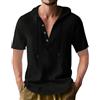 PRIVIMIX Camicia Uomo Lino Manica Corta con Cappuccio T Shirt Cotone Camicie Estive da Spiaggia Vacanza Nero L