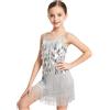 LOLANTA Paillette Frange Danza Costume Bambina, Abiti Ballo Latino Salsa Rumba Bambini, Mini Abito Completo Ballo Senza Maniche con Nappe e Pantaloncini, Argento, 4-5 Anni, 110